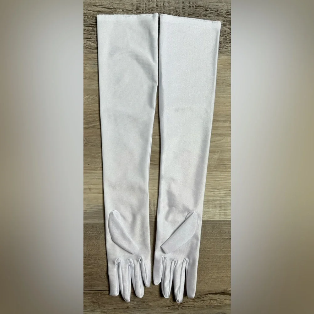 These long women's gloves, 20 inches in length, are made of stretchy satin